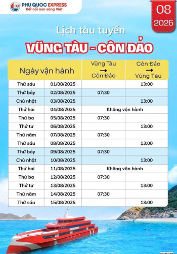 Thông Báo: Lịch Tàu Thăng Long Vũng Tàu - Côn Đảo 8/2025